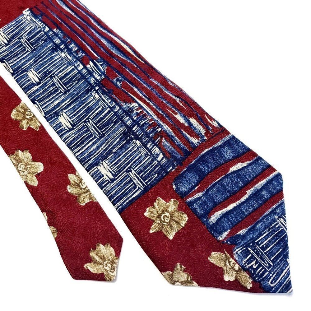 Accents Isaac Zelcer Red‎ Blue Abstract Floral Jaquard Print Short Wide Silk Tie